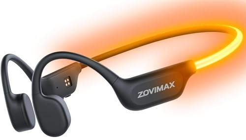 Cuffie Conduzione Ossea Bluetooth 6.0 con Luce LED di Sicurezza, Open Ear, Vestibilità Comoda, Microfono Anti-Vento, IP67 Impermeabili, 10 Ore Autonomia, Sport per Corsa e Ciclismo, Nero-Arancione
