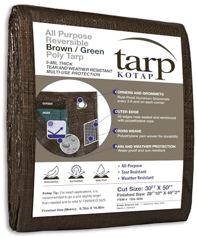 Kotap 30 x 50 Ft. All-Purpose Multi-Use Protection/Coverage 5-mil Poly Tarp, Reversible, Waterproof, Brown/Green, (TBG-3050)
