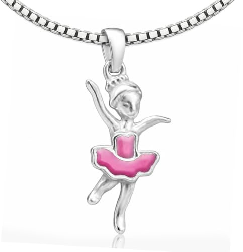Clever Jewellery Set Silver Pendant Ballerina Sterling Silver 16 mm Pink and Pink Lacquer and Venice Chain 38 cm for Children in a Pouch