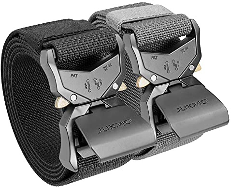 JUKMO Tactical Belt, 2 Pack Military Hiking Rigger 1.5 Nylon Web Work Belt with Heavy Duty Quick Release Buckle (Black+Grey, Medium-for Waist 36-42 (Length 49))