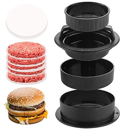 ReignSword Burger Press with Wax Patty Papers, 3-in-1 Non-Stick Hamburger Press Patty Maker, Different Sizes Hamburger Patty Press Mold for Stuffed Burger, Regular Burger Patties