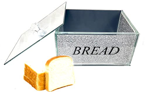 ProTech XXL Crushed Diamond Crystal filled Mirrored Bread Bin Storage Kitchen Container, Sparkly Glitter, Bread Box with Handle Lid for Countertop, Silver Colour, Stylish and Attractive design