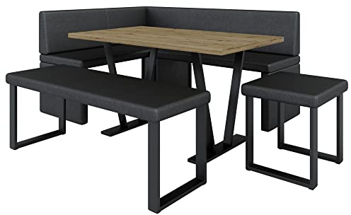 Akiko Banc d'angle en métal avec table et bancs – Groupe d'angle pour votre salle à manger, cuisine moderne, coin salon, coin repas. Parfait pour la cuisine, le bureau et la réception. Finition solide