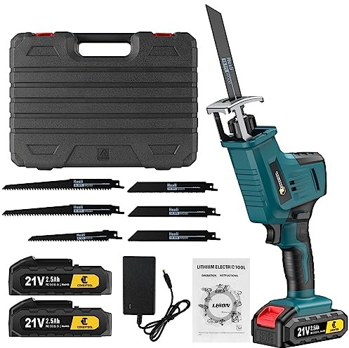 CONENTOOL Reciprocating Saw 21V/1280w, 0-3000 RPM Cordless Electric Reciprocating Saw with 2X 2500mAh Batteries, 15mm Cutting Width, Tool-Free Blade Change, 6pcs Saw Blade
