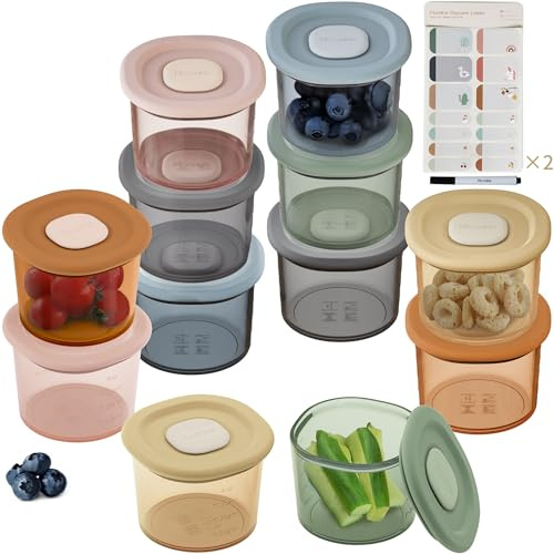 Moonkie Petit Pot Conservation Bébé Silicone, Lot de 12 Pot Bebe Repas, Pot Bebe Conservation 120ml, Boîtes de Conservation 100% Hermétique, sans BPA, Graduation, Résiste Choc Thermique, Congélation