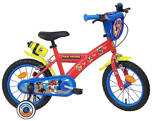 Vélo 14'' garçon Pat'Patrouille équipé de 2 Freins, Plaque Avant décorative, bidon arrière et stabilisateurs Amovibles