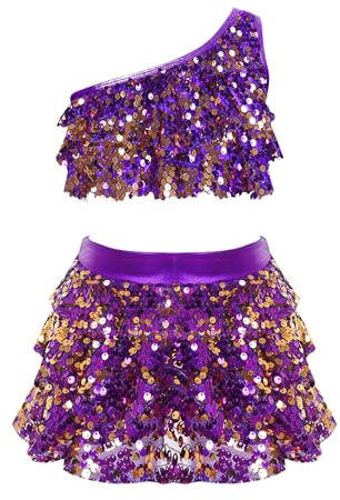 Traje De Actuación De Baile para Niñas Lentejuelas Top Corto De Un Hombro + Falda Pantalones Cortos con Cintura Elástica Disfraz Baile Salsa Tango Latino