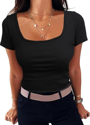 Aottori Black T Shirts for Women UK Summer Short Sleeve Tops Ladies Square Neck Ribbed Slim Fit Tee Shirts Casual Lightweight Basic Tunic Top Black S