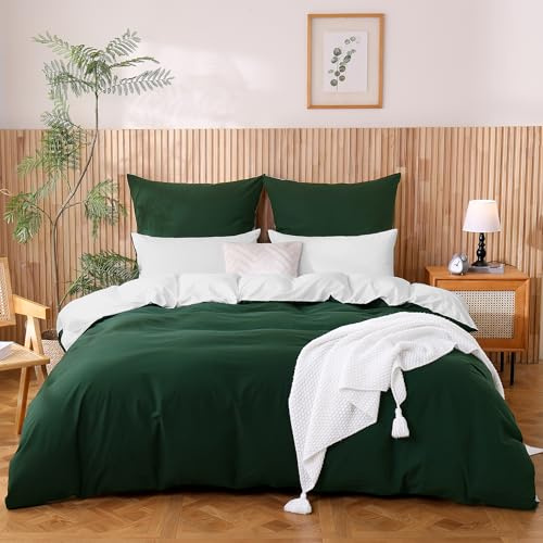 ATsense Biancheria da letto 200 x 200 cm, in 100% cotone lavato, con texture in lino, Oeko-TEX, per persone allergiche, 1 copripiumino con 2 federe da 80 x 80 cm, colore verde scuro