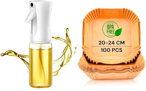 Spray Huile de Cuisine 300ML & 100 Papiers Cuisson Air Fryer (20x24 cm) | Vaporisateur d’Huile, Accessoires Friteuse sans Huile, Qualité Alimentaire