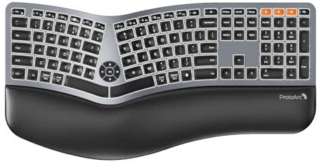 ProtoArc EK01 Plus Teclado ergonómico Bluetooth, retroiluminado, inalámbrico Dividido, Dual Bluetooth y USB, reposamuñecas Acolchado, Recargable para Windows/Mac/Android, US Layout