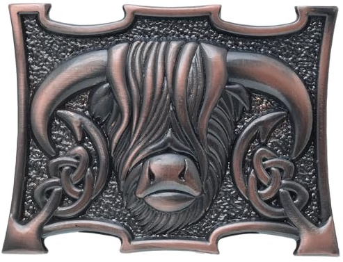 Traditional Scottish Heilan Coo Kilt Belt Buckle, Highland Cow Kilt Buckle Made from Pewter – Elegant Celtic Kilts Accessory for Men – Size 10cm x 7.6cm (Bronze Finish)