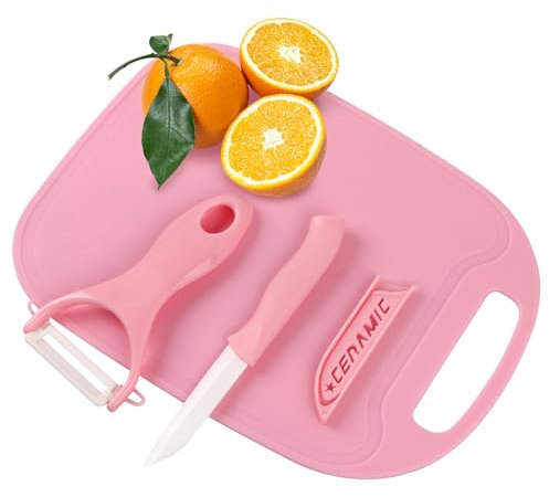EVERMARKET Kitchen 3 in 1 Small Set, Ceramic Peeler, Ceramic Fruit Knife, Cutting Board,Travel Set, Camping Set (Pink)