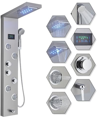 HARNART Panel de ducha con grifo y pantalla de temperatura, Panel de ducha completo con ducha de cascada LED, 2 modos de boquillas de masaje, ducha de mano y grifo de bañera, Acero inoxidable 304