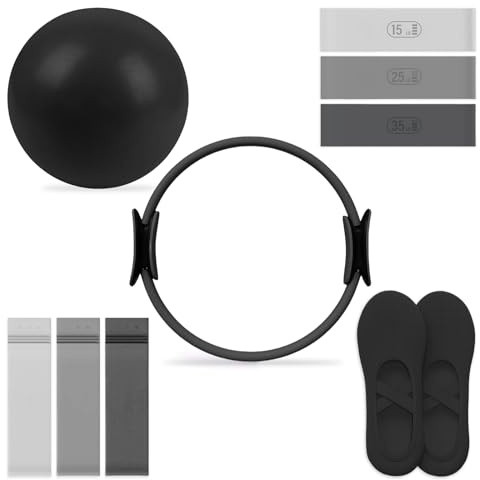 Pilates Essential Kit - Portable Fitness Equipment - with Toning Pilates Ring & Long Resistance Bands & Pilates Loop Bands & Soft Pilates Ball & Pilates Grip Socks (Gray)