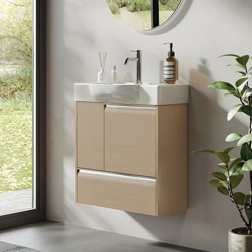 BRIDGE BENO Set Di Mobili Da Bagno Da 60 cm – Mobiletto Per Wc Ospiti, Mobiletto Sottolavabo Con Cassetto a Chiusura Ammortizzata E 2 Ante, Contenitore, Honey Oak