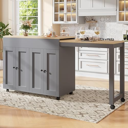 IHO SOFA Mesa de Bar Extensible con Almacenamiento y 6 Estantes, Isla con Bar de Cocina Alta con Ruedas para Barra