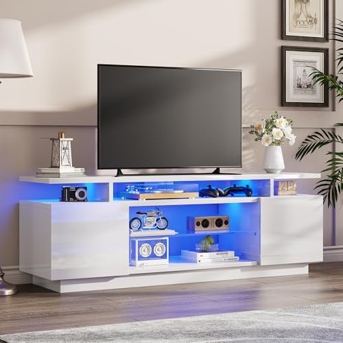 LUXOAK TV Lowboard Hochglanz Weiß mit LED Beleuchtung – 160x38.5x54.5 cm Fernsehtisch für bis zu 75 Zoll TV, TV-Schrank mit 2 Türen & Verstellbarer Glasablage, für Wohnzimmer & Schlafzimmer