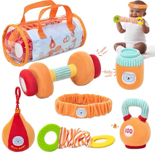 Gdbykds 6 Pezzi Set Peluche Fitness per Neonati per Bambini da 0 a 12 Mesi - Cuscino Tummy Time Neonato, Set di Rattle Sensoriale a Tema Fitness - Giochi Montessori 6 Mesi, Regali Neonati Maschio
