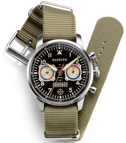 RAINTEN Chronograph Watch, Mechanical Watch for Men, Pilot, Case 40mm, Seagull St19 | Stainless Steel with Olive Green Nylon Strap, Black Dial, Gifts- R9032