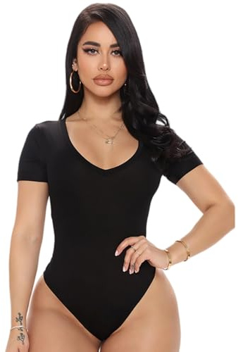 Sukiglam Women's Bodysuits Deep V Neck Short Sleeve Thong Bodysuit Tops Ladies Sexy Leotards Top Basic Slim Fit Body Suits Elegant Stretchy Tight Blouse Casual Going Out Vest Tops