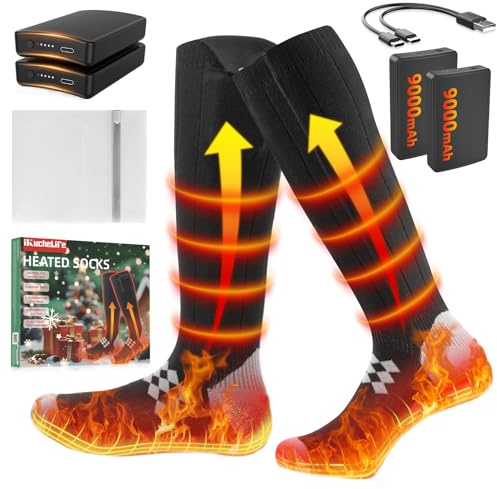 Upgraded Heated Socks,iKuchelife Rechargeable 9000mAh Batteries Electric Sock,3 Temperature Adjustable Full Foot Winter Sock,Heated Socks for Men Women Suitable for Skiing Cycling Foot Warmer Gifts