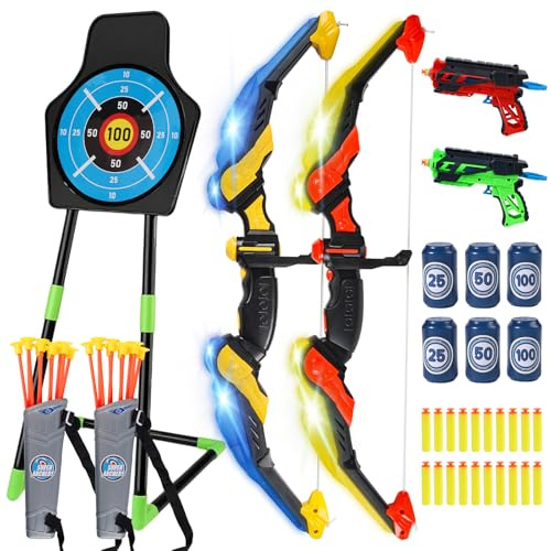 Yalitrca Kids Archery Set, Bow and Arrow set kids includes 2 Bow and Arrow with LED Light, Standing Target, Suction Cup Arrows, Children's Gifts for Indoor and Outdoor Play