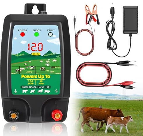 12V Dispositif de clôture électrique avec affichage LED : Clôture électrique étanche 10 km de portée 1,5-2 joules Dispositif de clôture électrique étanche pour la protection des animaux d'élevage, des