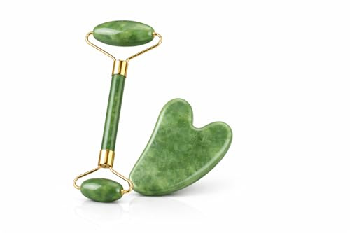 Jade Roller & Gua Sha Set – Natural Green Jade Facial Massage Roller with Gold Frame – Lymphatic Drainage & Face Sculpting Tool – Gift Box Included - MIBE LNDN