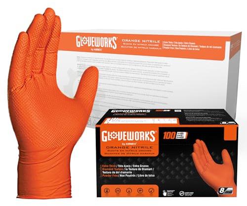GLOVEWORKS Orange Nitrile Work Gloves, 8 Mil Disposable Heavy Duty, Raised Diamond Grip Mechanic Glove, XL, Case of 1000