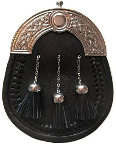 SITARAZ Kilt Sporran Cross Chain 3 nappe, pelle nera con cintura a catena, Cantle design tradizionale per gli uomini STRZ-007, Nero , 85