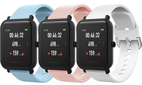 MoKo 3 Stück Armband Kompatibel mit Amazfit Active/Active 2/GTS/GTS 2/2 Mini/2e/3/4/4 Mini/Bip 3/3 Pro/Bip U/U Pro/Lite/GTR Mini/42mm, 20mm Weiches Silikon Sport Uhrenarmband für Damen Herren, H+R+S