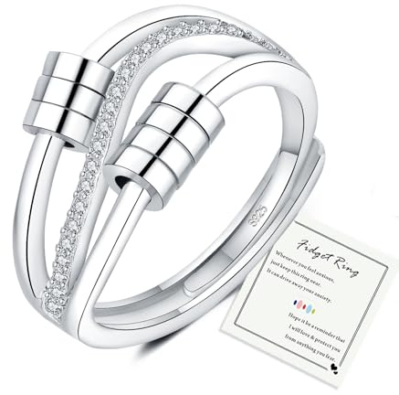 HEEYA Ångestring för kvinnor, silver med födelsestenar, hjärtring, ångestringar, öppen, justerbar, antistressring med pärlor, spinner, fidgetring, kvinnor, hypoallergen, stämningsring mot stress