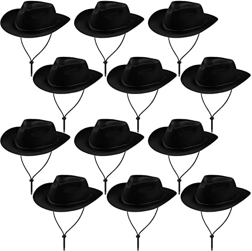 Hicarer 12 Pieces Disposable Plastic Cowboy Hat Set for Party Felt Wide Brimmed Western Cowgirl Hat for Men Women(Black)