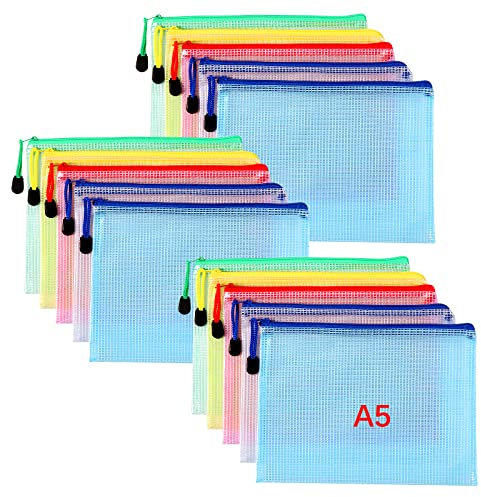 Oderra Dokumententasche A5, 15 Stücke Taschen Mit Zipper, Mesh Beutel Mit Reißverschluss für Dokumente, Papier, Kosmetika und Farbe, 5 Farben, Transparent