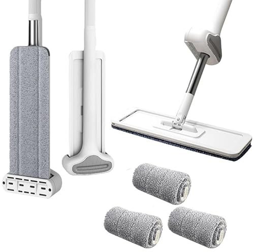 N Nexoria Grande serpillère plate auto-lavante, rotative à 360°, serpillère plate avec 3 tampons lavables et long manche en microfibre mains libres pour la maison et la salle de bain, 38 cm