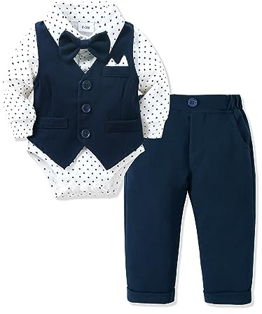 Amissz Costume Neonato Bambino, Bimbo Completo Abiti da Battesimo Matrimonio Maniche Lunghe Camicia Body + Gilet e Pantaloni Blu navy 0-3 mesi