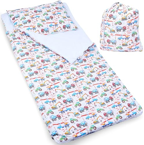 PinkZebra Sac de Couchage pour Enfant de 140 x 75 cm + taie d'oreiller de 60 x 40 cm, avec Housse réversible en Coton, avec Double Fermeture éclair et Sac, Motif Tracteur