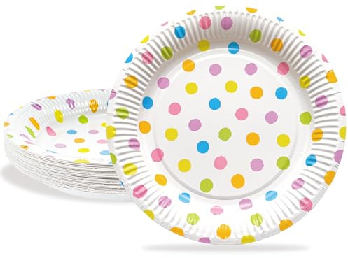 BFB Assiettes en papier, 24 Pièces Pois colorés Assiette à dessert 18 cm Vaisselle de fête Jetable pour Fête