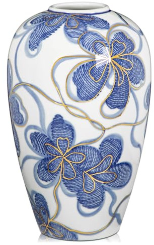 Blue and White Ceramic Vase for Home Decor – Hand-Painted Porcelain Flower Vase with Gold Accents – Chinoiserie-Inspired Home Decor Vases – 9 for Table, Shelf, or Mantel