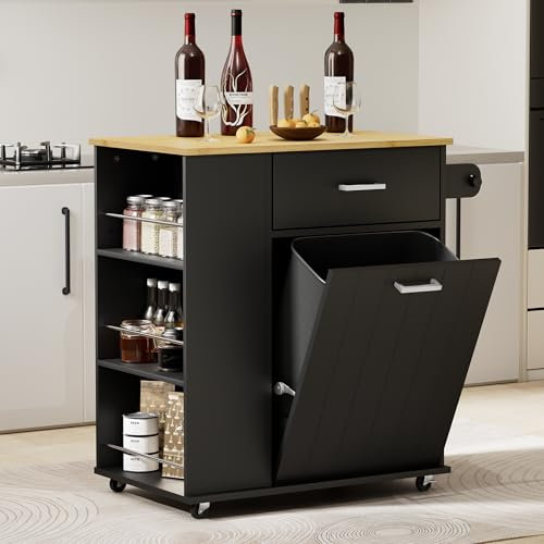 HQZX Rolling Kitchen Island with Trash Can Storage, Portable Kitchen Island on Wheels with Towel Rack & Spice Rack, Tilt Out Trash Can Cabinet with Drawer, Mobile Island Cart (Black)