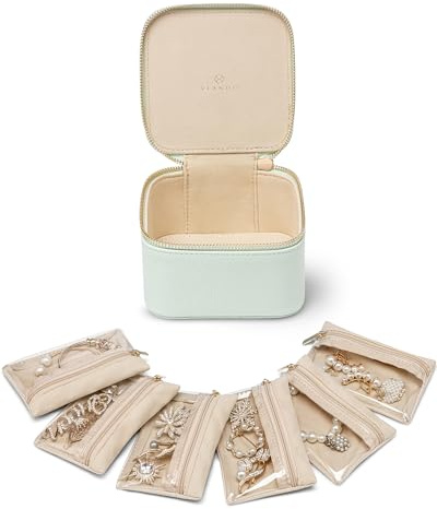 VLANDO Schmuckkästchen Reise, Modern Schmuck Organizer mit 6 Schmuckbeutel, Schmuckaufbewahrung Klein, Jewelry organizer für Damen, Mädchen, für Ohrringe, Ketten, Geschenk für Frauen,Mint Mambo