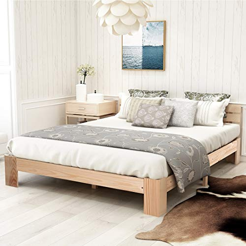 Cama doble de madera con cabecero de estructura de cama con somier de láminas de madera maciza, cama de matrimonio como cama de pino (madera, 140 x 200 cm)