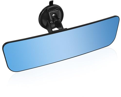 12'' Large Anti Glare Rear View Mirror with Suction Cup, Stick on Universal Frameless Inside Rearview Blue Mirror with Parabolic Wide Angle Mounted on Windshield for Car Marine Auto Boat Truck SUV Van