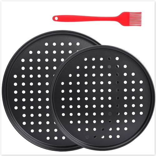 PROKITCHEN 2 Pcs Perforated Pizza tray, Steel Perforated Pizza Pan, Non-Stick Professional Pizza Pan with Oil Brush