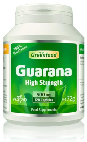 Greenfood Guarana, 500 mg, high-dose Extract (4:1),120 Capsules - with Natural Caffeine, Alternative to Coffee, Light on The Stomach. Without Artificial additives, Without Genetic Engineering. Vegan.