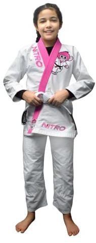 Nitro Fight Wear - Girls Kids Premium BJJ Gi - FREE WHITE BELT - Pink Lapel - Lightweight - Monkey - Brazilian Jiu Jitsu Girl's Uniform (M00)