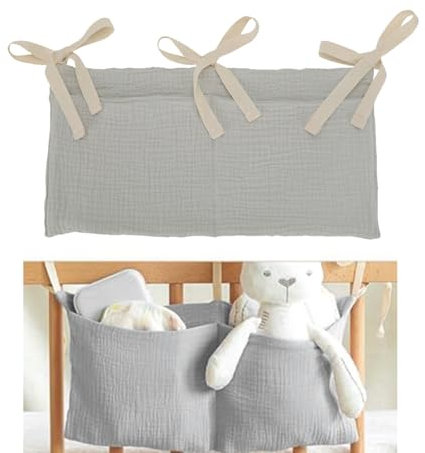 XYTAHDM Aufbewahrungstasche für Wiege, Organizer für Babybett, mit 2 Taschen, Aufbewahrungstasche zum Aufhängen, Organizer für Windelkorb aus Baumwolle, Hellgrau