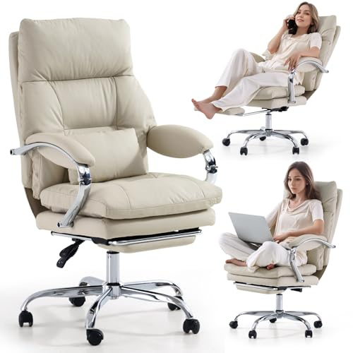 LEAGOO White Office Chair with Foot Rest Ergonomic Chair with Lumbar Support High-back Swivel Armchair for Home Office Desk 155° Recline PU Leather Heavy Duty Use - Business & Home Workspace