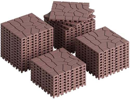 Rovibek 44 PCS Interlocking Deck Tiles, 12 X 12 Plastic Deck Tiles Outdoor Waterproof, All Weather Patio Tiles for Balcony Backyard Poolside Porch, Pavers for Outside Walkway, Stone Brown